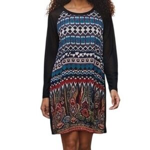DESIGUAL‎ Dami Black Geometric Paisley Print Sheer Sleeve Dress NWT $159 12